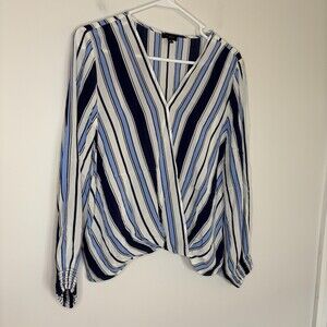 TALBOTS Criss Cross Top Womens L Petite Navy White Stripes Balloon Sleeve Flowy